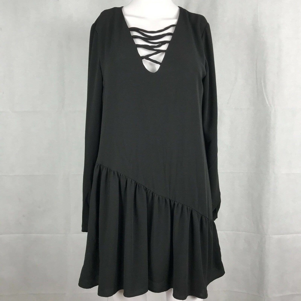 Caramela Tunic Dress Women M Black Criss Cross Long Sleeve Asymmetric Ruffle Top